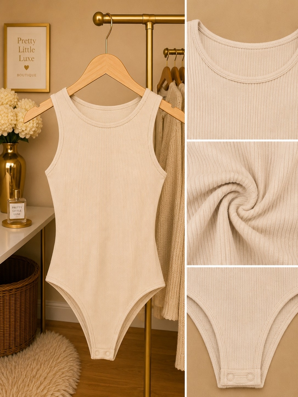 Neutral Ribbed Sleeveless Bodysuit Small